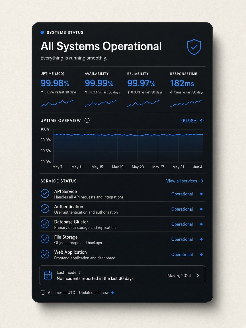 Systems status dashboard mockup in ink and azraq